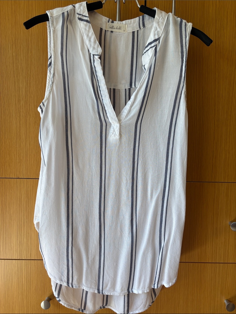 Bella Dahl White Sleeveless V-Neck Tank with Navy Stripes